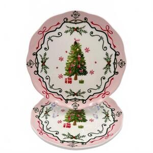 Potter's Studio Christmas Tree Plates Set of 2 Holiday Pink Trim Dessert